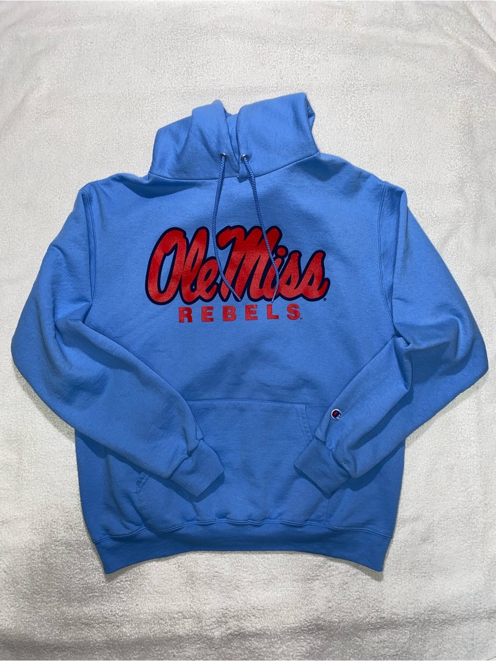 Ole Miss Rebels Men’s Blue Hoodie with Red Script College Gear - Champion Sz XL